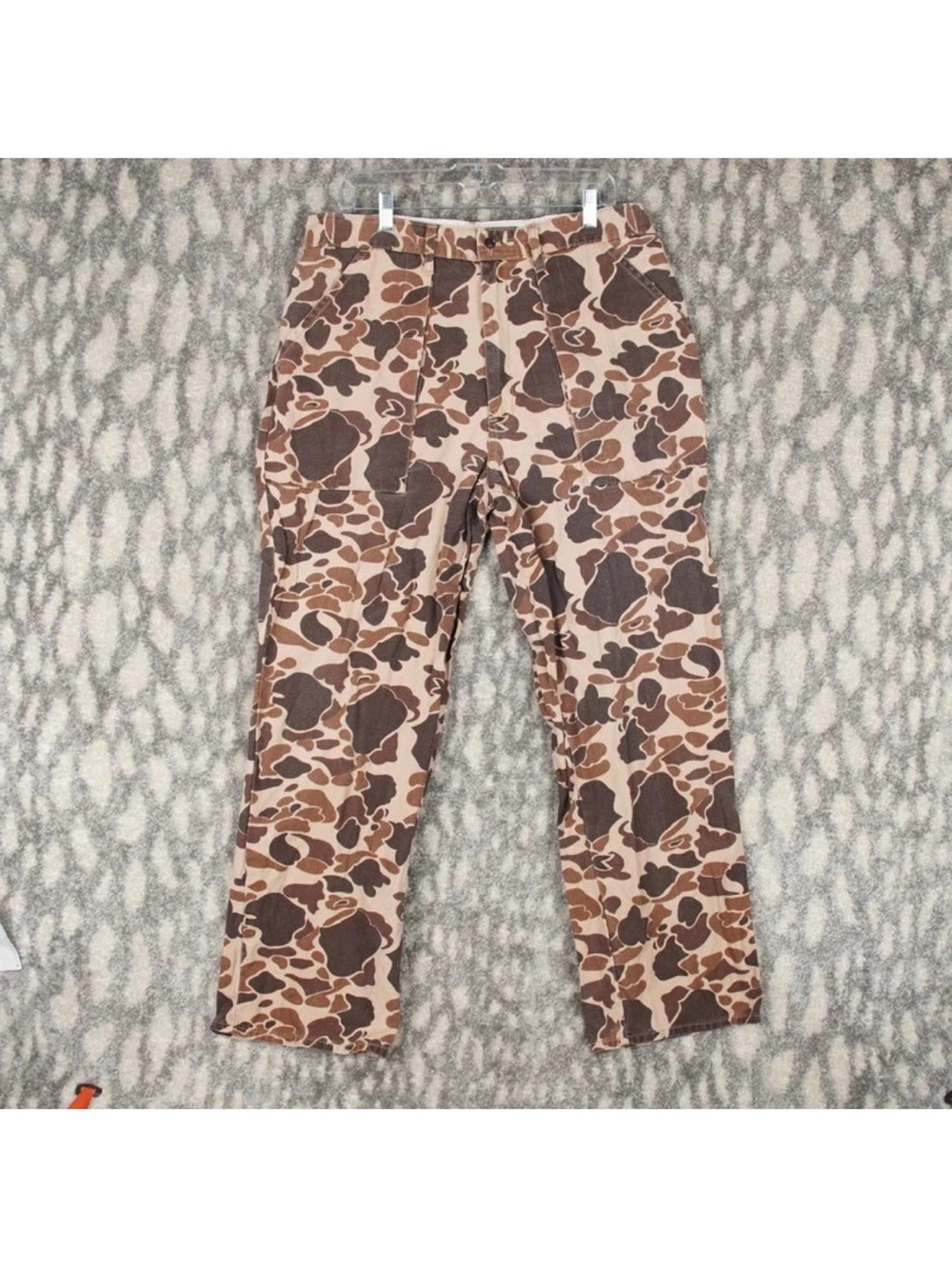 Vintage Duck Bay Camo Utility Pants Mens L 36x30 Brown Adjustable Waist Hunting